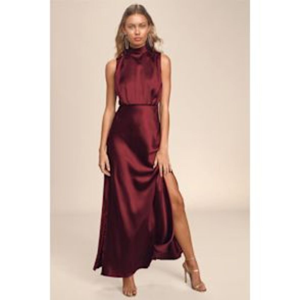 Lulu's Burgundy Satin High-Neck Slit Maxi Dress